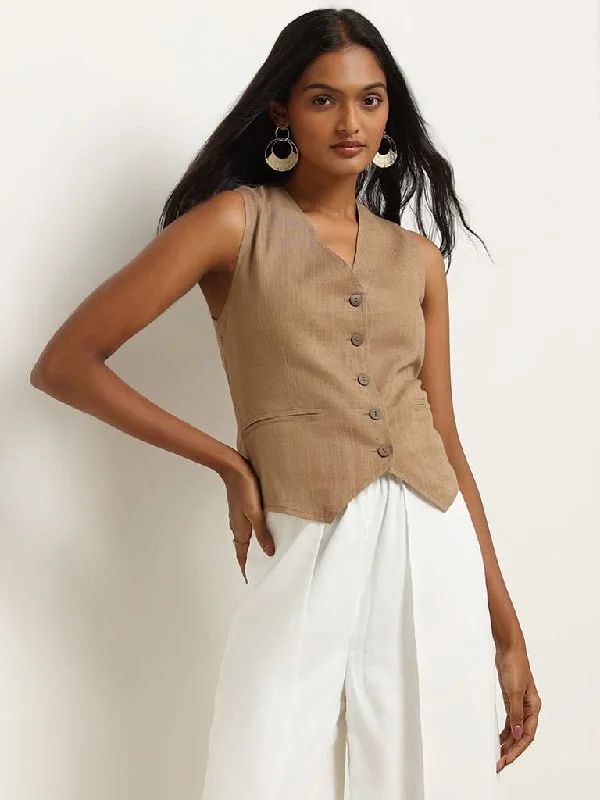 LOV Beige Blended Linen Top Elegant Women's 