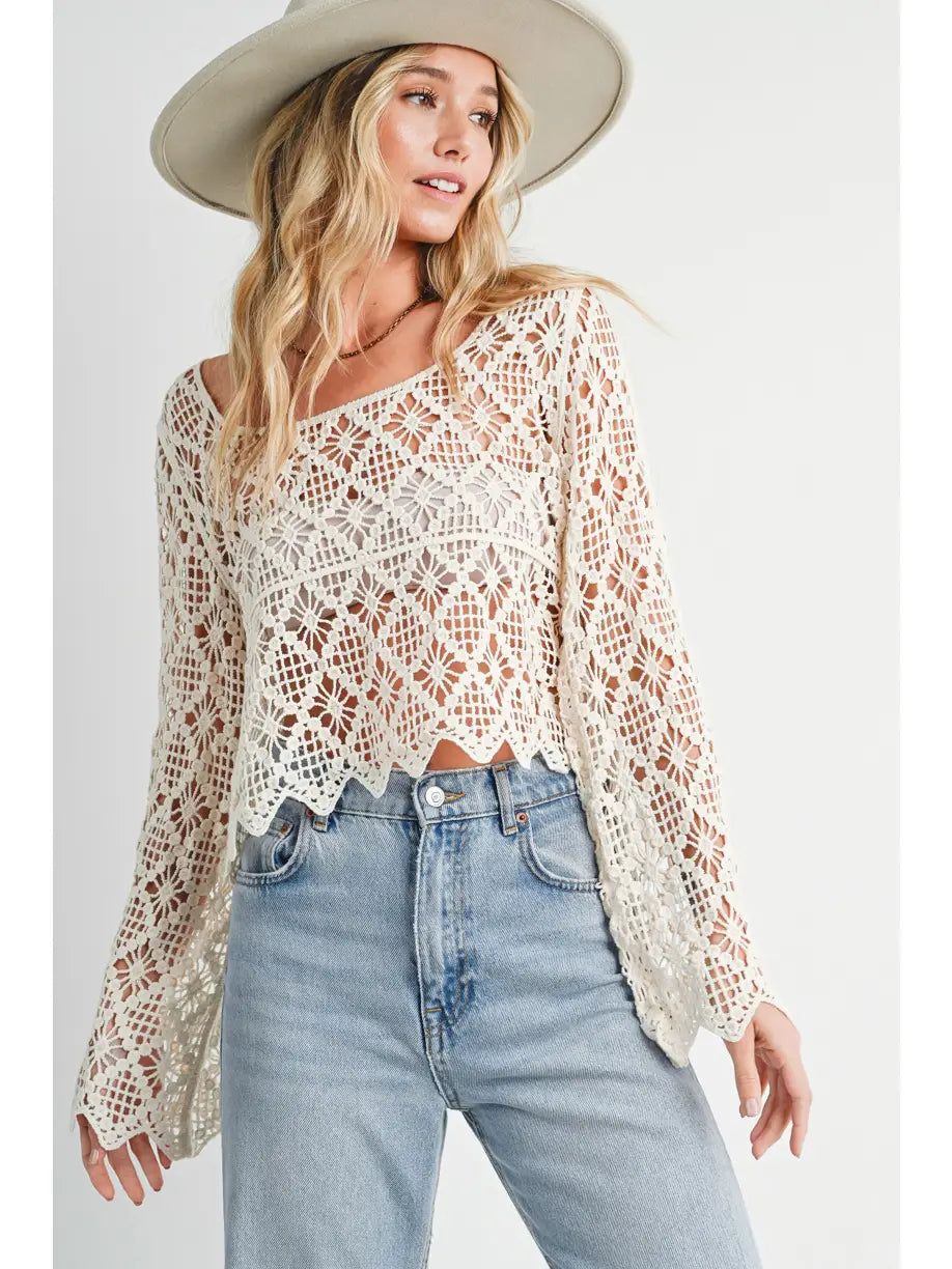Bailey Boatneck Crochet Blouse Laid - back Women's Style