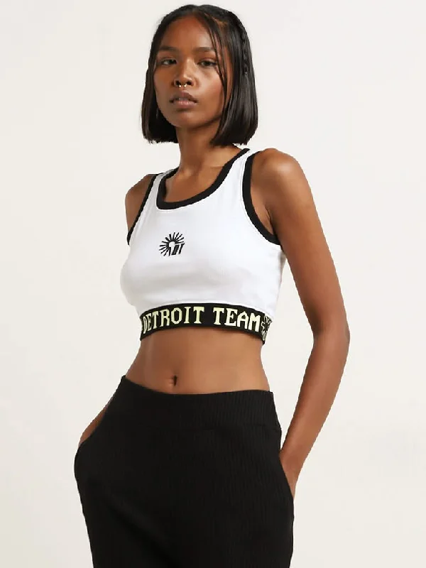 Studiofit White and Black Text Printed Cotton Blend Crop Top Contemporary 