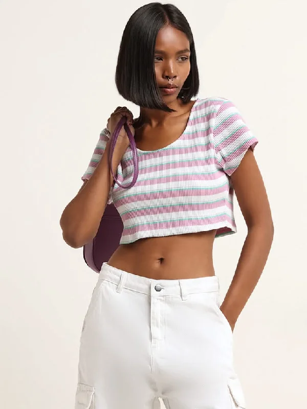 Nuon Lilac Striped Cotton Blend Crop Top Disco