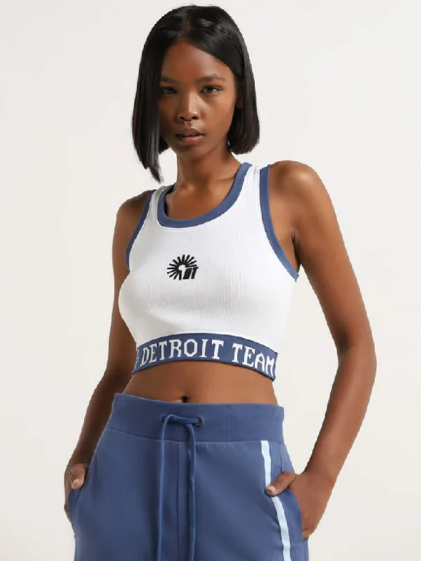 Studiofit White and Blue Text Printed Cotton Blend Crop Top Practical Women's Multi - 
