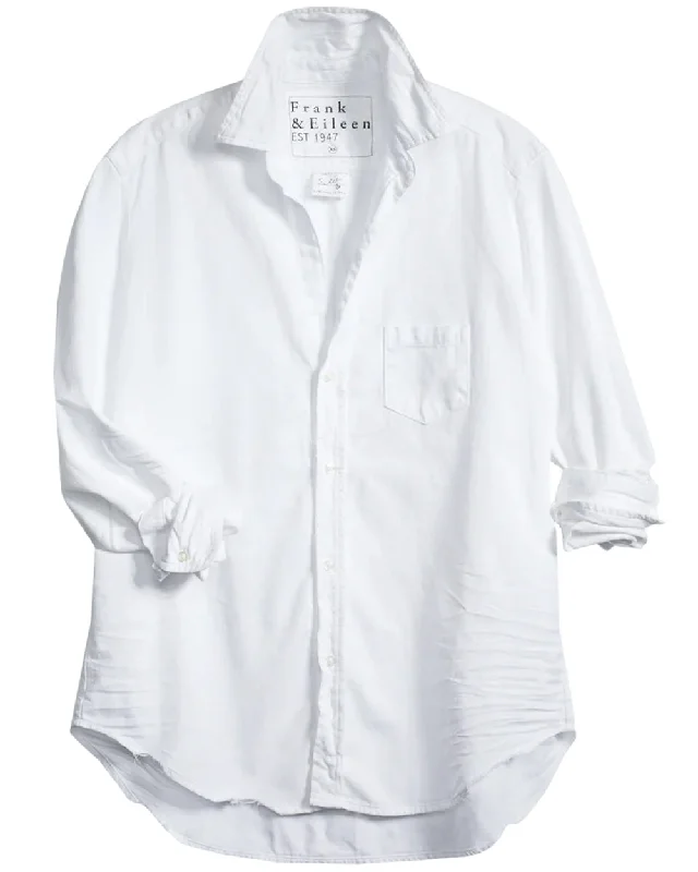White Tattered Denim Eileen Button Up Shirt Trendy Women's Oversized