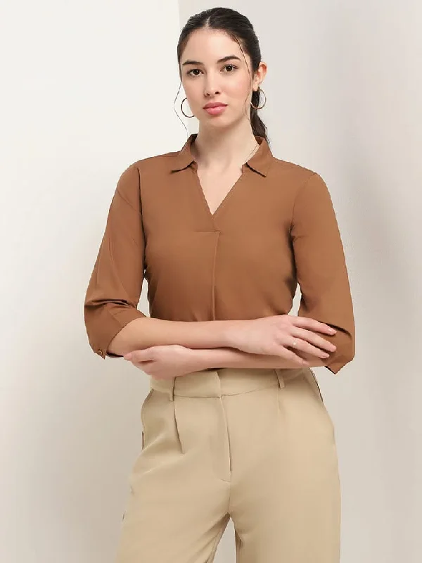 Wardrobe Brown Solid Cotton Top Earthy Women's 