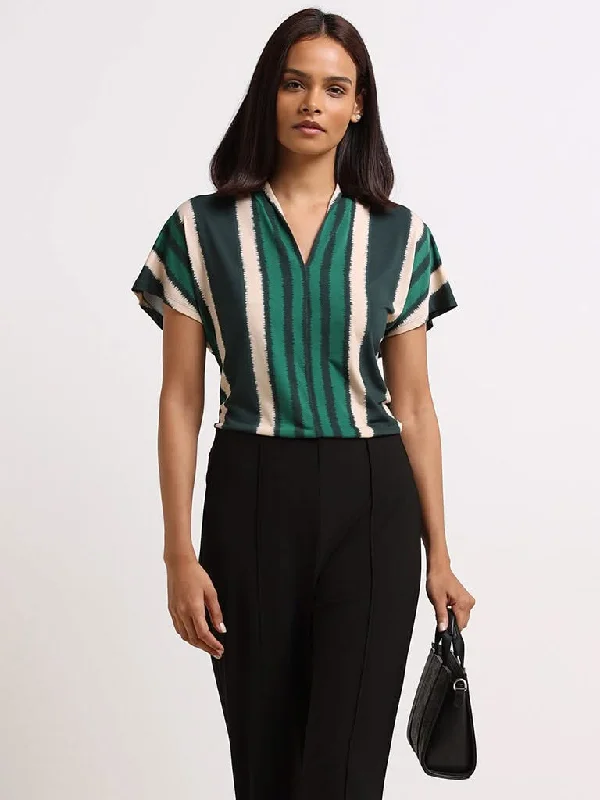 Wardrobe Green Striped V-Neck Top Dapper Women's 1920S