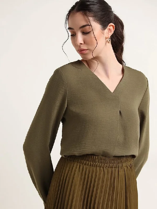 Wardrobe Solid Olive V Neck Top Dynamic Women's Moto
