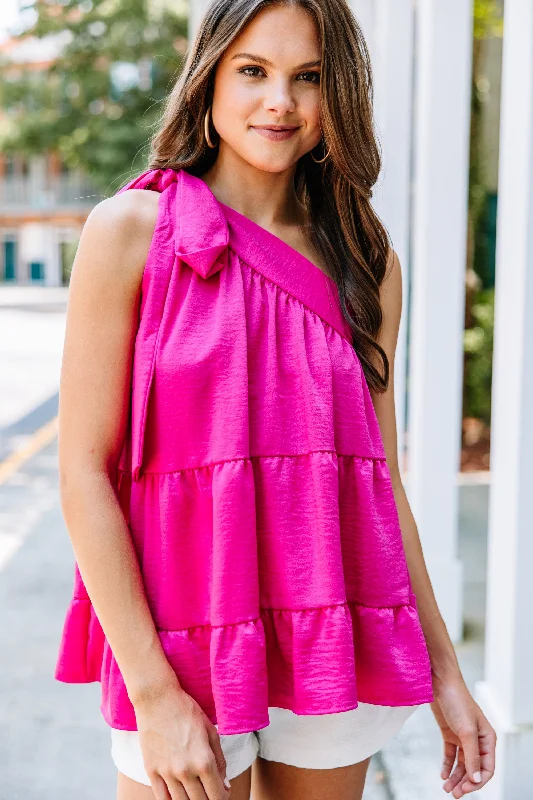 Protect Your Heart Fuchsia Pink Satin One Shoulder Tank Elegant Women's Formal 