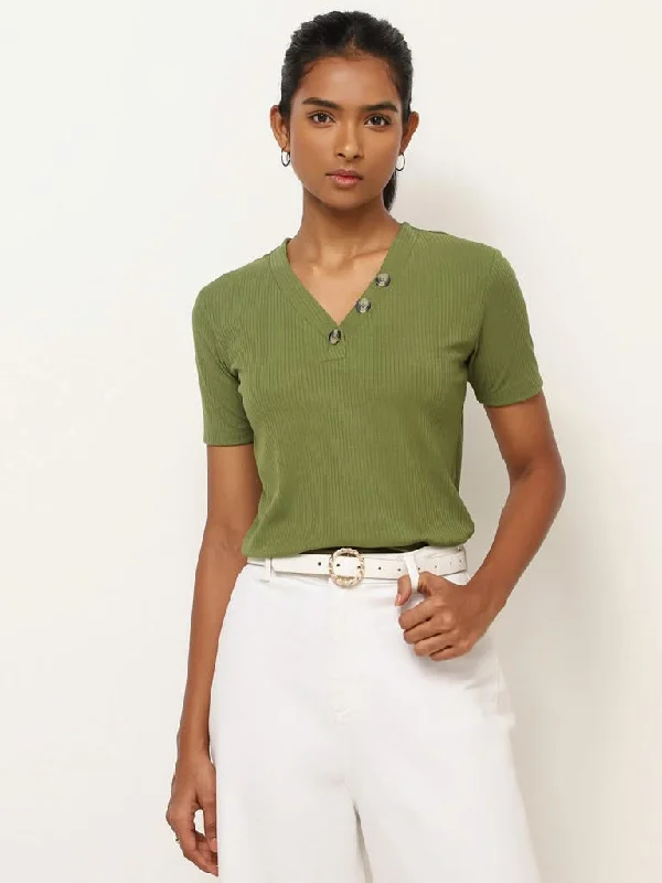 LOV Green Ribbed V Neck Top Refined Women's Classic 