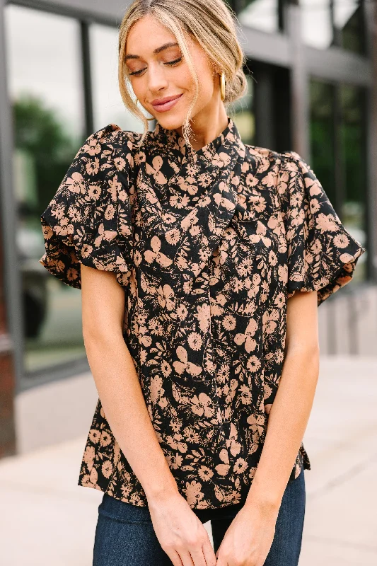 See You There Black Floral Blouse Sporty Women's Athleisure 