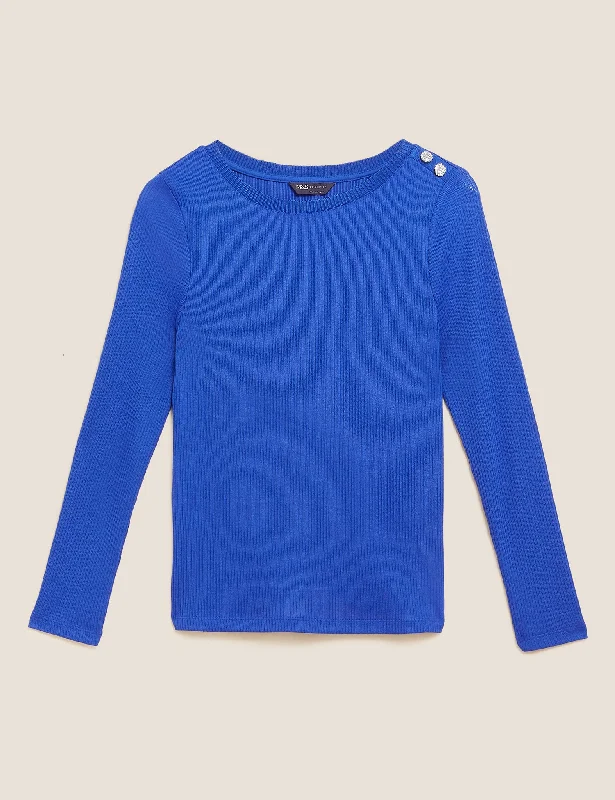 Ribbed Slash Neck Fitted Top Street