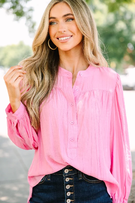 Show Them All Bright Pink Button Down Blouse Laid - back Women's Style