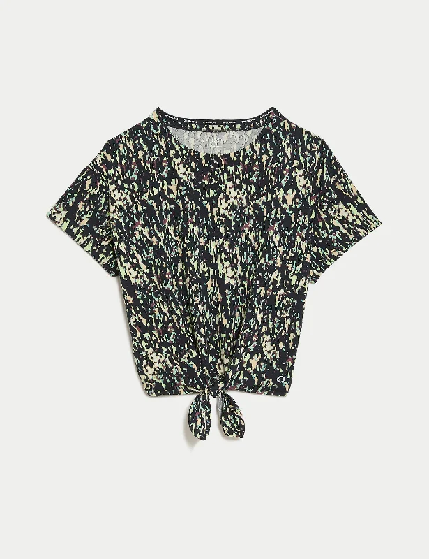 Printed Scoop Neck Tie Front Cropped Top Rugged Women's Outdoor 