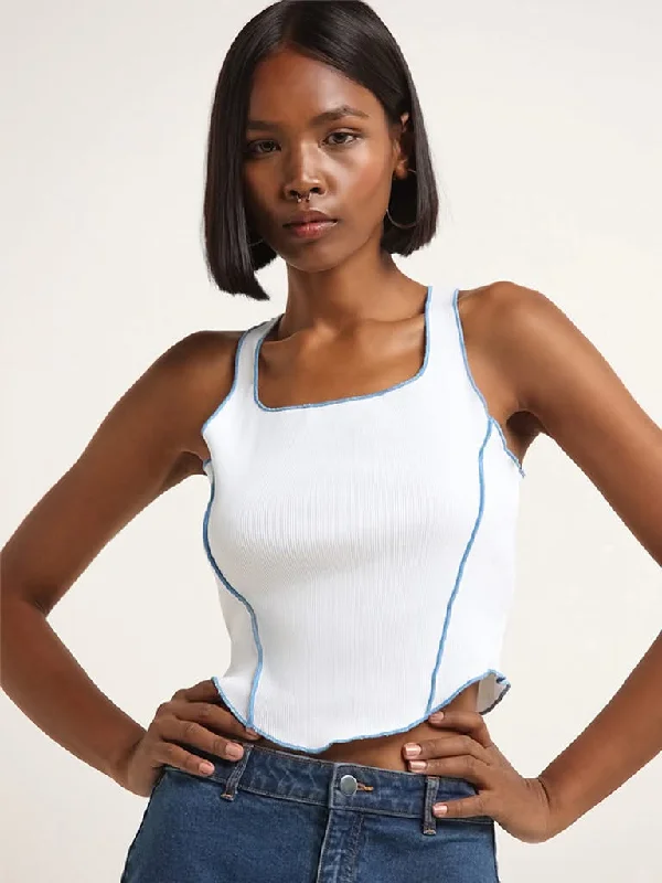 Nuon White Cotton Ribbed Crop Top Feminine Women's Style 