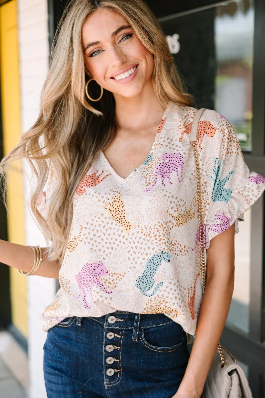 Right On Track Cream White Cheetah Top Hip Women's Retro