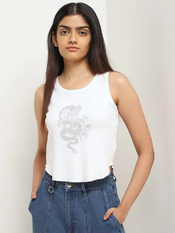 Nuon White Printed Cotton Top Geometric