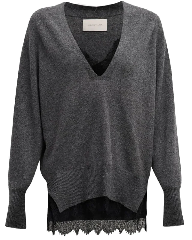 Charcoal Melange Lace Layered Vee Pullover Edgy Women's Punk