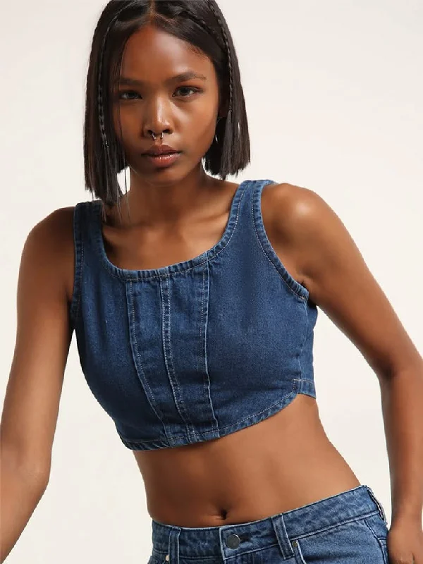 Nuon Dark Blue Cotton Corset Crop Top Luxurious Women's High -  end