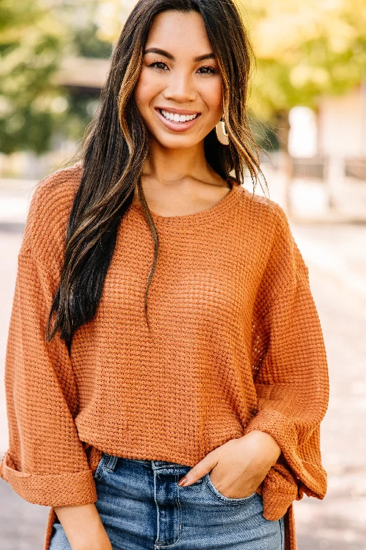 See You Soon Camel Brown Waffle Knit Sweater Modern Women's 