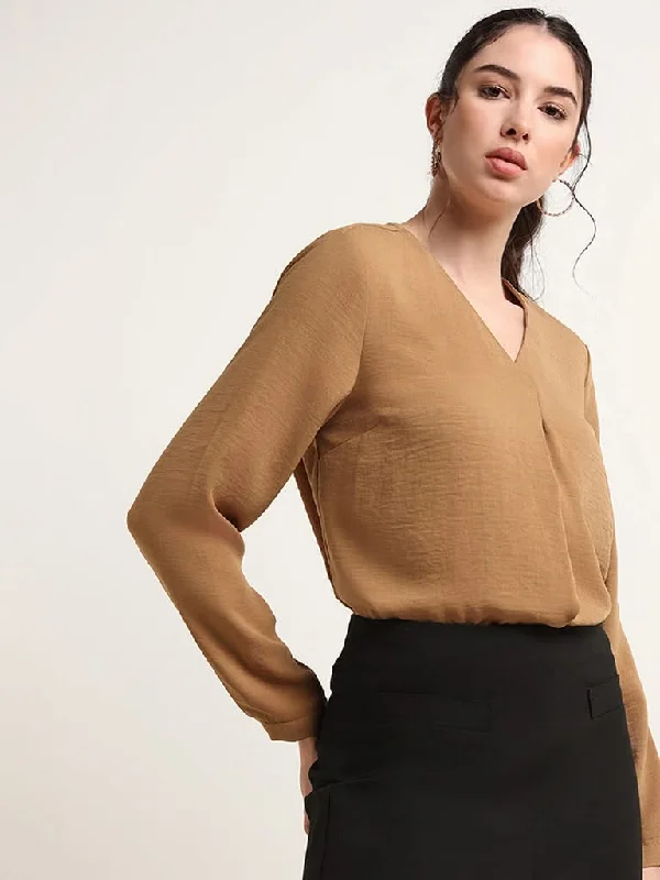 Wardrobe Solid Brown V-Neck Cotton Top Business