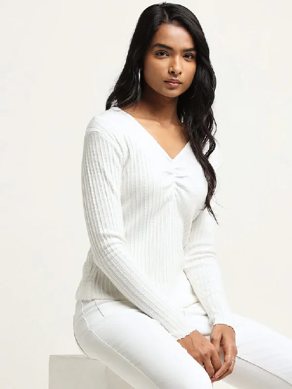 LOV White Ribbed V Neck Top Feminine Women's Style 