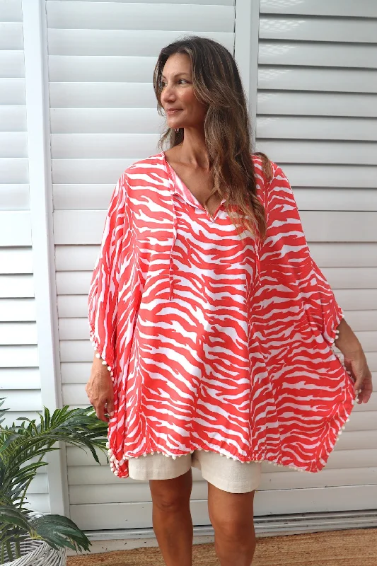 Short Pom Pom Kaftan in Zebra Coral Confident Women's Power