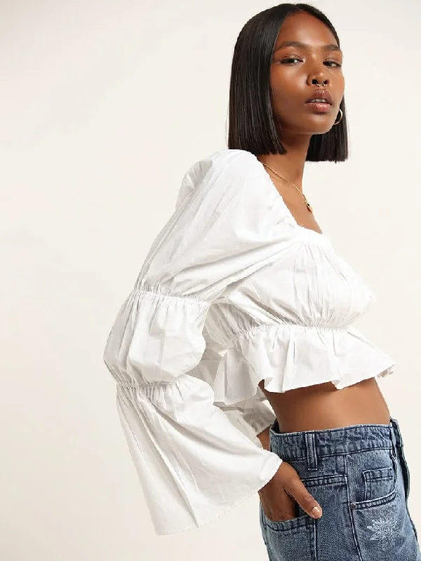 Nuon White Smocked Cotton Crop Top Sophisticated Women's 