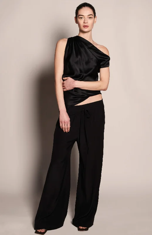 Asymmetric Draped Shoulder Top - Black Monochromatic All - in - one