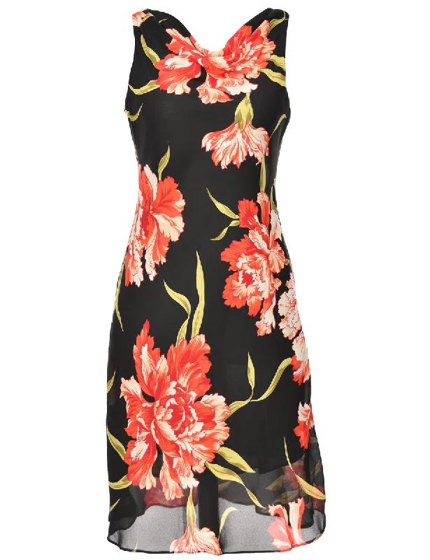 Floral Print Black & Red V-Neck Dress - L Traditional Women's Wool