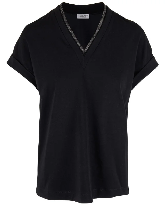 Black Monili V Neck Tee Monochromatic Office Style