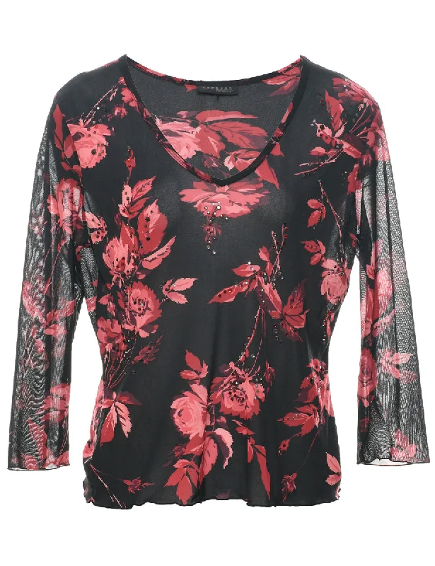 Studded Floral Print Evening Top - M Sporty Women's Tennis