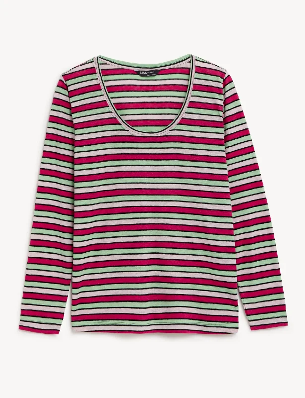 Linen Blend Striped Scoop Neck Top Hip Women's Urban