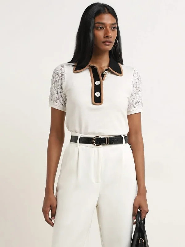Wardrobe Off-White Lace Detailed Knitted Top Casual Women's Japanese 