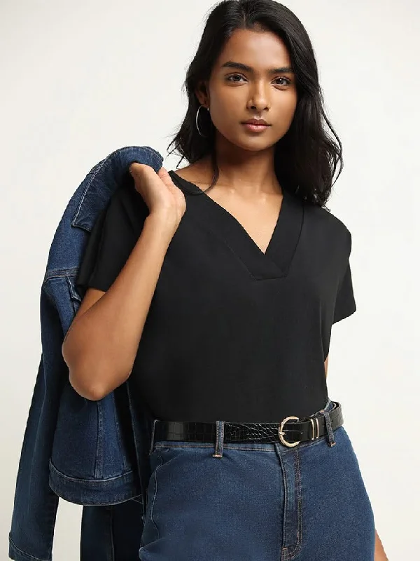 LOV Black V Neck Cotton Blend Top Preppy Women's College