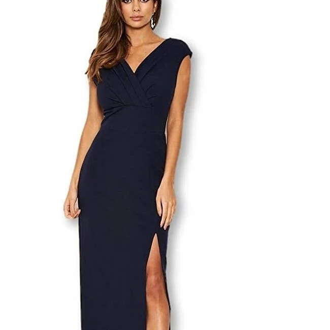 AX Paris Women's Wrap V Neck Slit Maxi Dress Navy Size 14 French
