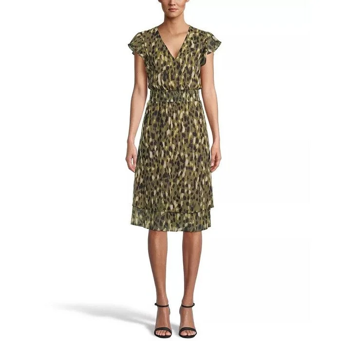 Bar III Women's Printed Tiered Midi Dress Green Size X-Large Contemporary 