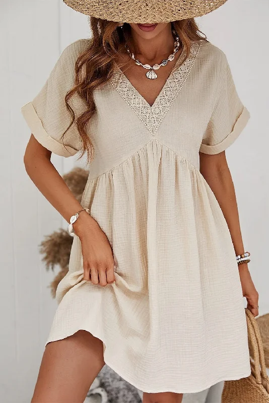 Beige Lace Splicing V Neck Rolled Up Sleeve Empire Waist Mini Dress Relaxed Women's 