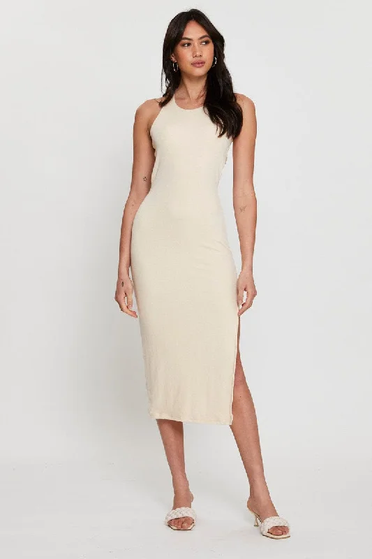 Beige Midi Dress Bodycon Disco