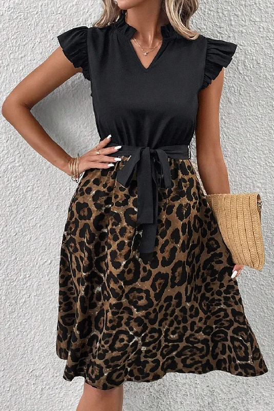 Black Leopard Print Flutter Sleeve Bow Belted Dress Refined Women's Velvet