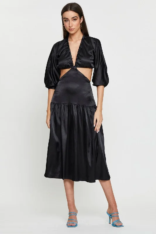 Black Midi Dress Short Sleeve Stylish Women's Neon