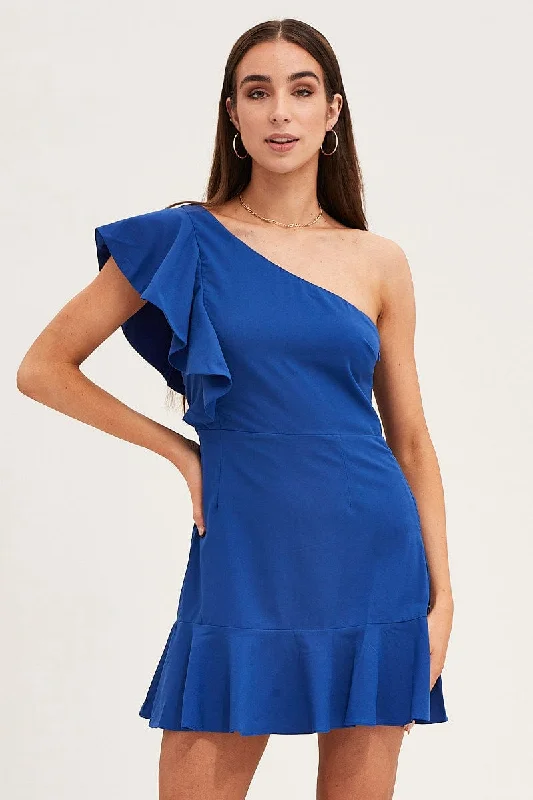 Blue Mini Dress Sleeveless One Shoulder Ruffled Earthy Women's 
