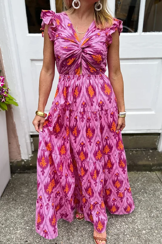 Bonbon Boho Abstract Print Ruffle Tiered Maxi Dress Youthful Women's Pop