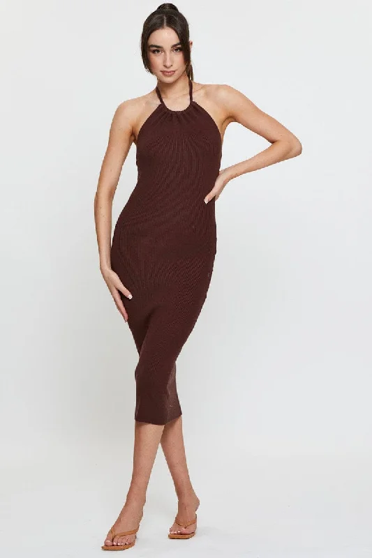 Brown Knit Dress Midi Halter Neck Practical Women's Multi - 