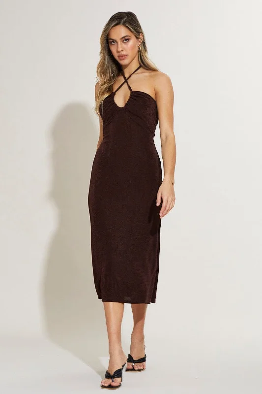 Brown Midi Dress Keyhole Vintage Women's 1970S 
