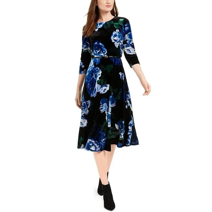 Calvin Klein Women's Belted Printed Velvet Dress Dkn Size 14 British Gentlewoman Style Calvin Klein Women's Belted Printed Velvet Dress Dkn Size 14 British Gentlewoman Style