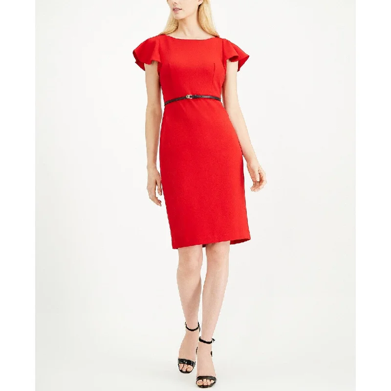 Calvin Klein Women's Belted Ruffle-Sleeve Sheath Dress Medium Red Size 4 Country