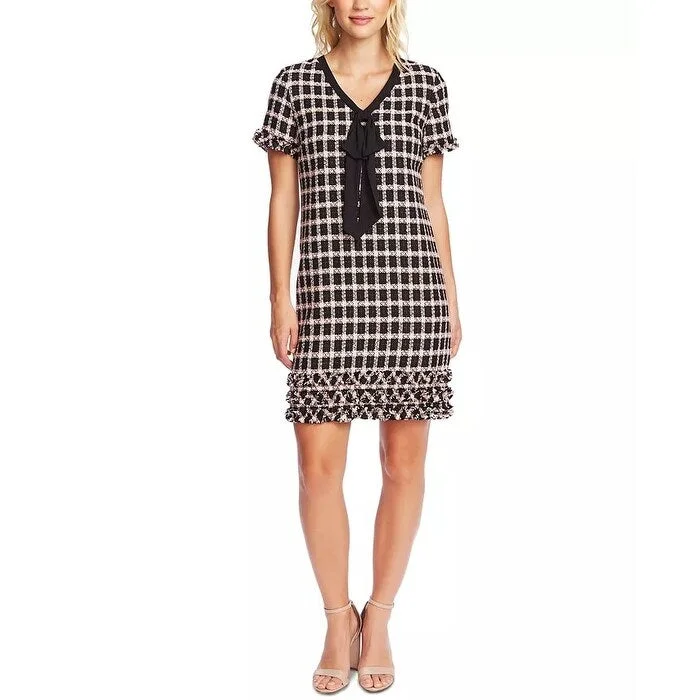 CeCe Women's Grid Tweed Short Sleeve A-Line Dress Black Gray Size 8 Vacation