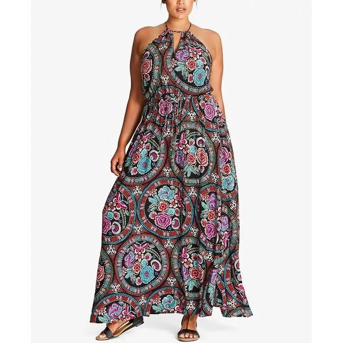 City Chic Women's Plus Folklore Maxi Dress Black Dark Orange Size 20W Athletic Women's 