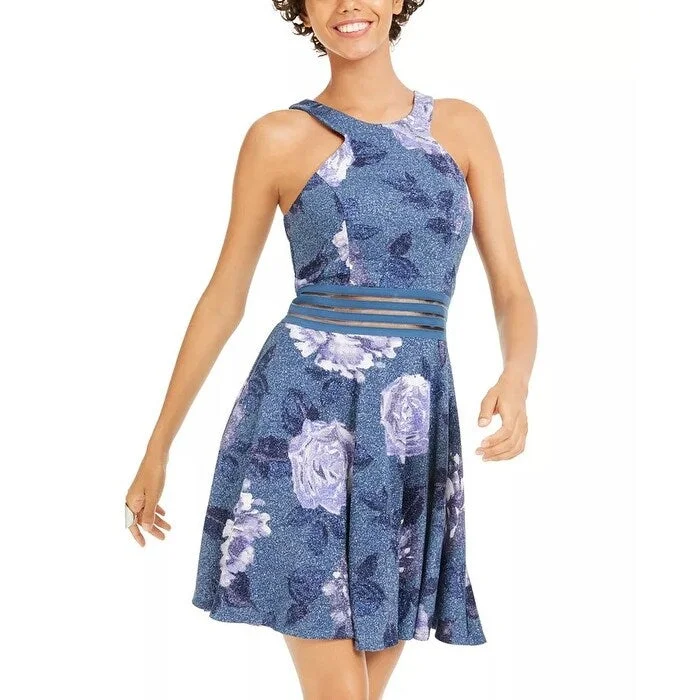 City Studios Junior's Glitter Floral Print Skater Dress Navy Size 13 Sophisticated Women's City Studios Junior's Glitter Floral Print Skater Dress Navy Size 13 Sophisticated Women's