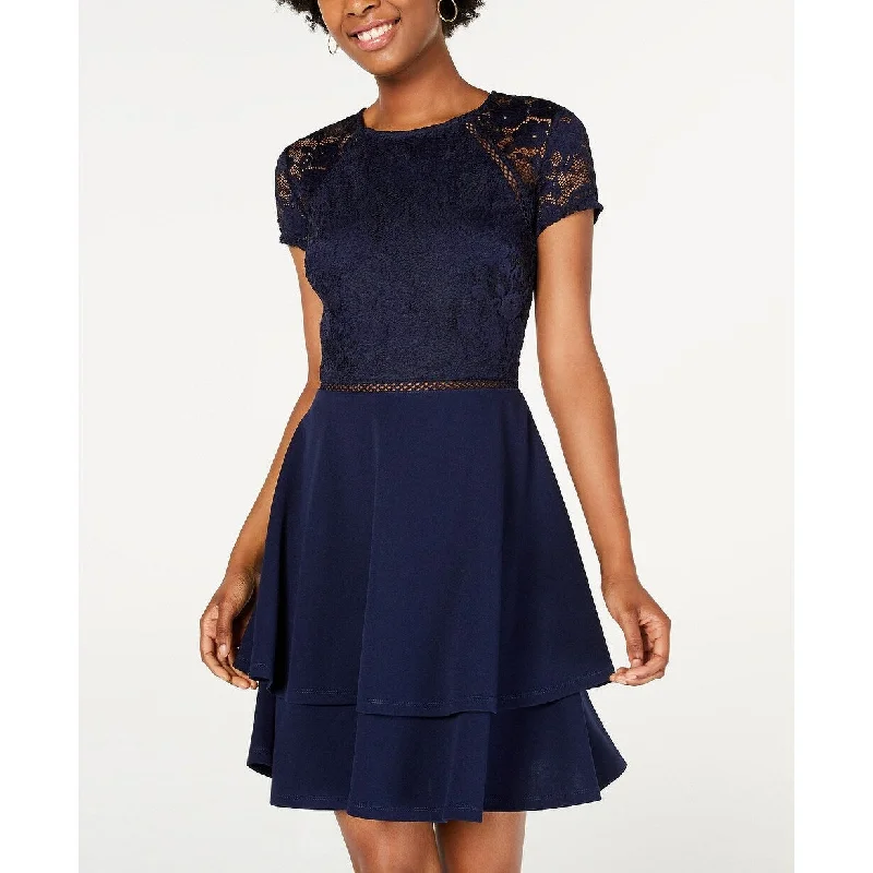 City Studios Juniors' Lace-Sleeve Dress Navy Size 5 Artistic Women's Hand - painted