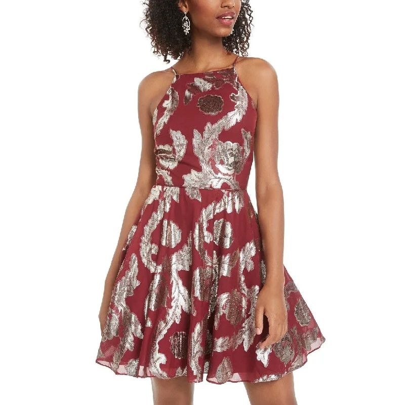 City Studios Juniors' Metallic-Print Fit & Flare Dress Berry Rid Size 5 Trendy Women's 
