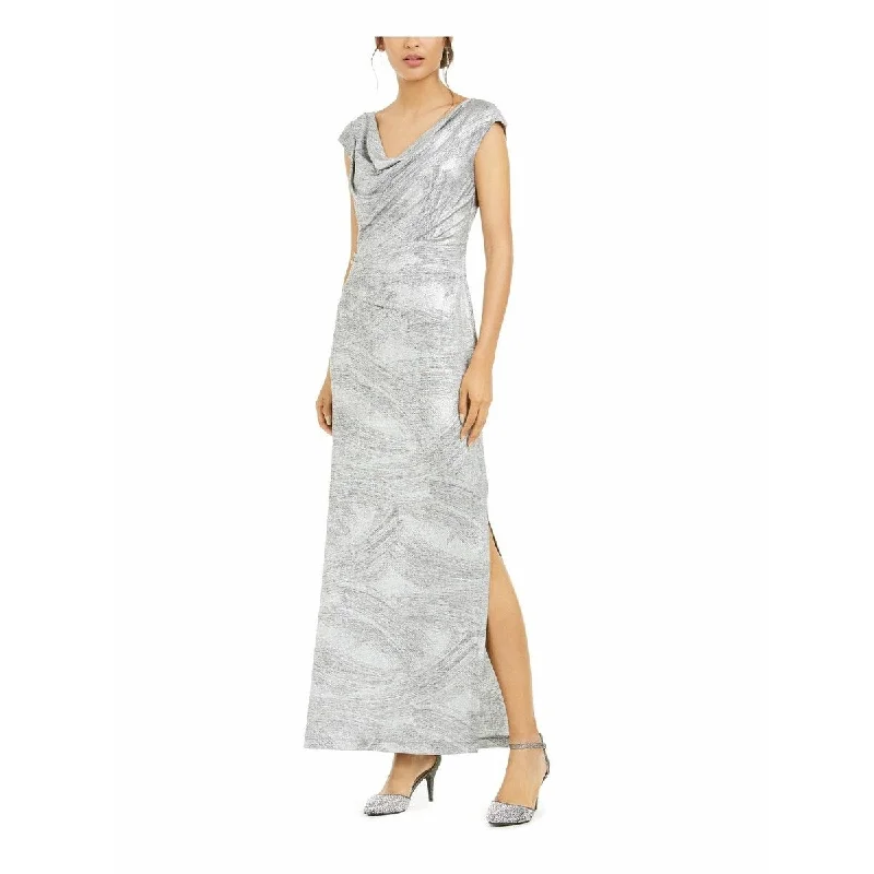 Connected Women's Cowlneck Metallic Slit Gown Silver Size 8 Athletic Women's High - 